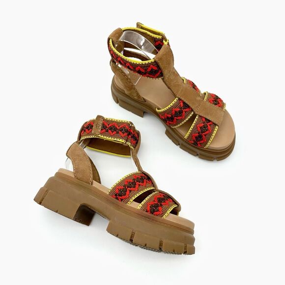 UGG Ashton Heritage Ankle Strap Lug Heel Chunky Sandals Size 7 Crochet Brown Red - Picture 11 of 11